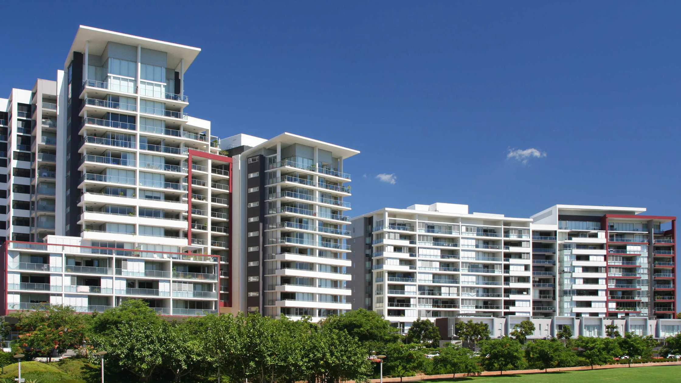 Modern apartment buildings undergoing strata renewal.