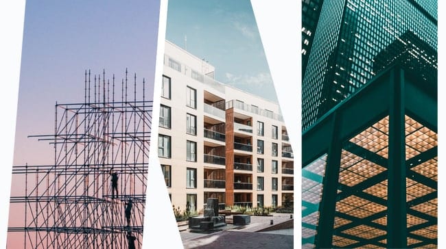 Three stages of building a home: scaffolding, apartment building, modern skyscraper.