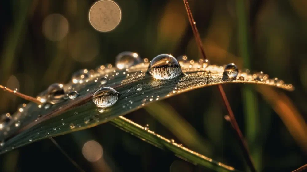 Close-up of dew drops on a blade of grass at sunrise.