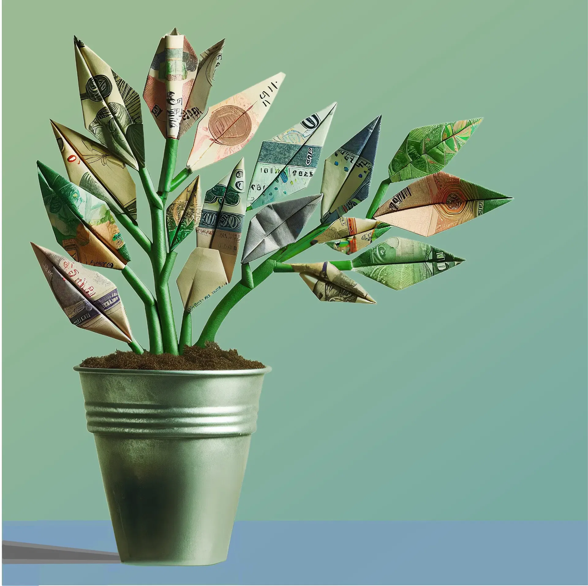 A potted plant with origami leaves made from various currency notes against a gradient green background.