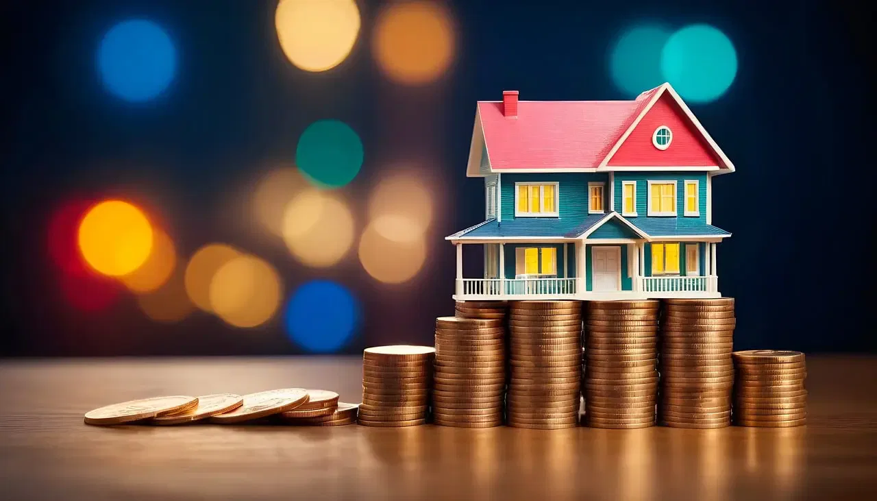 A model house sits atop stacks of coins, symbolizing real estate investment or home financing, with colorful bokeh lights in the background.