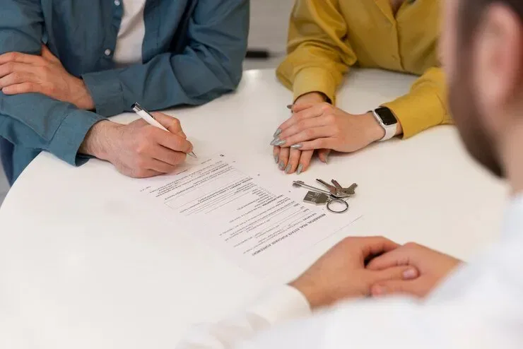Couple signing real estate documents, keys on table. Potential executor fraud?
