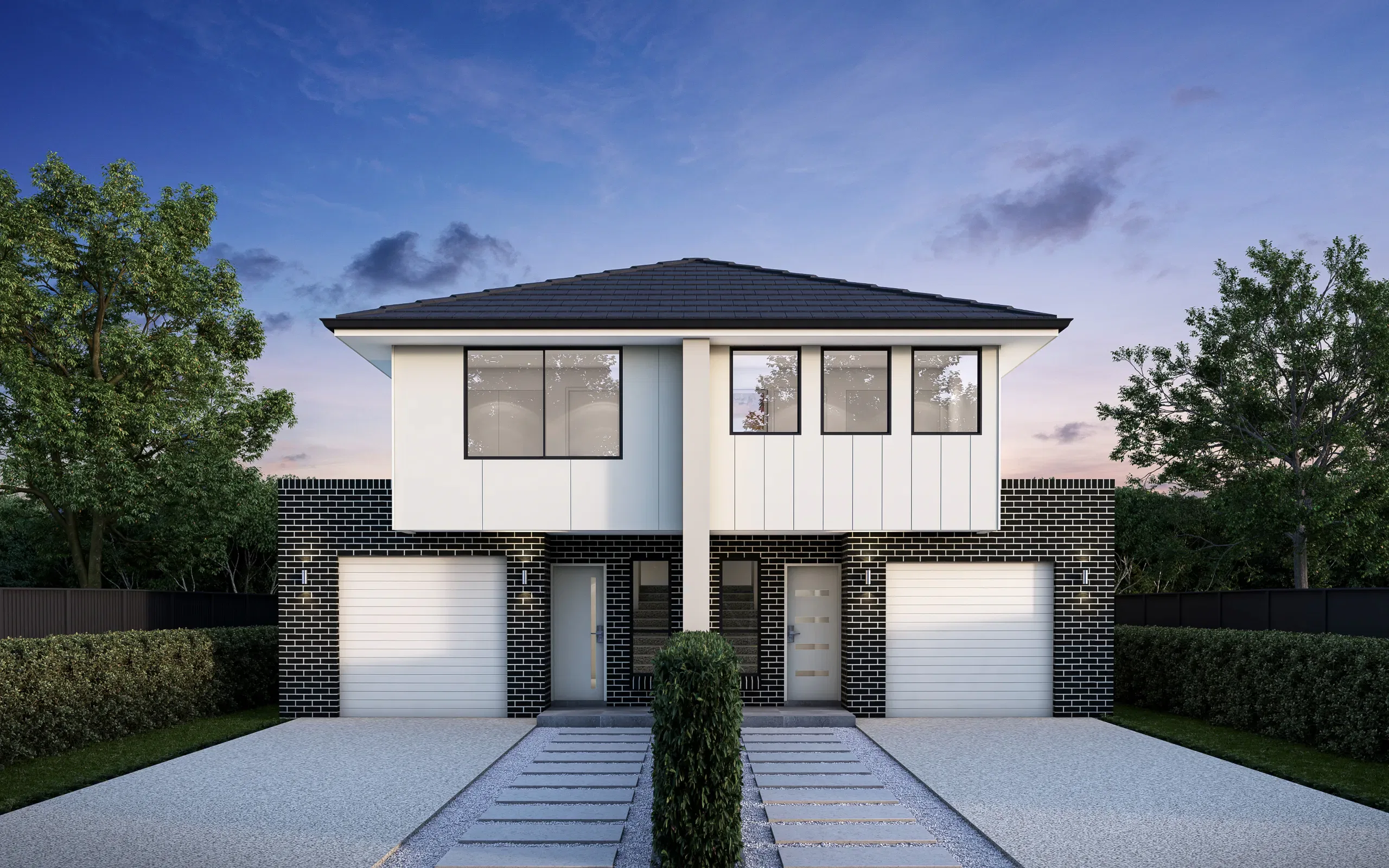 Modern duplex in NSW with two garages and a shared walkway. New strata title or Torrens title considerations.