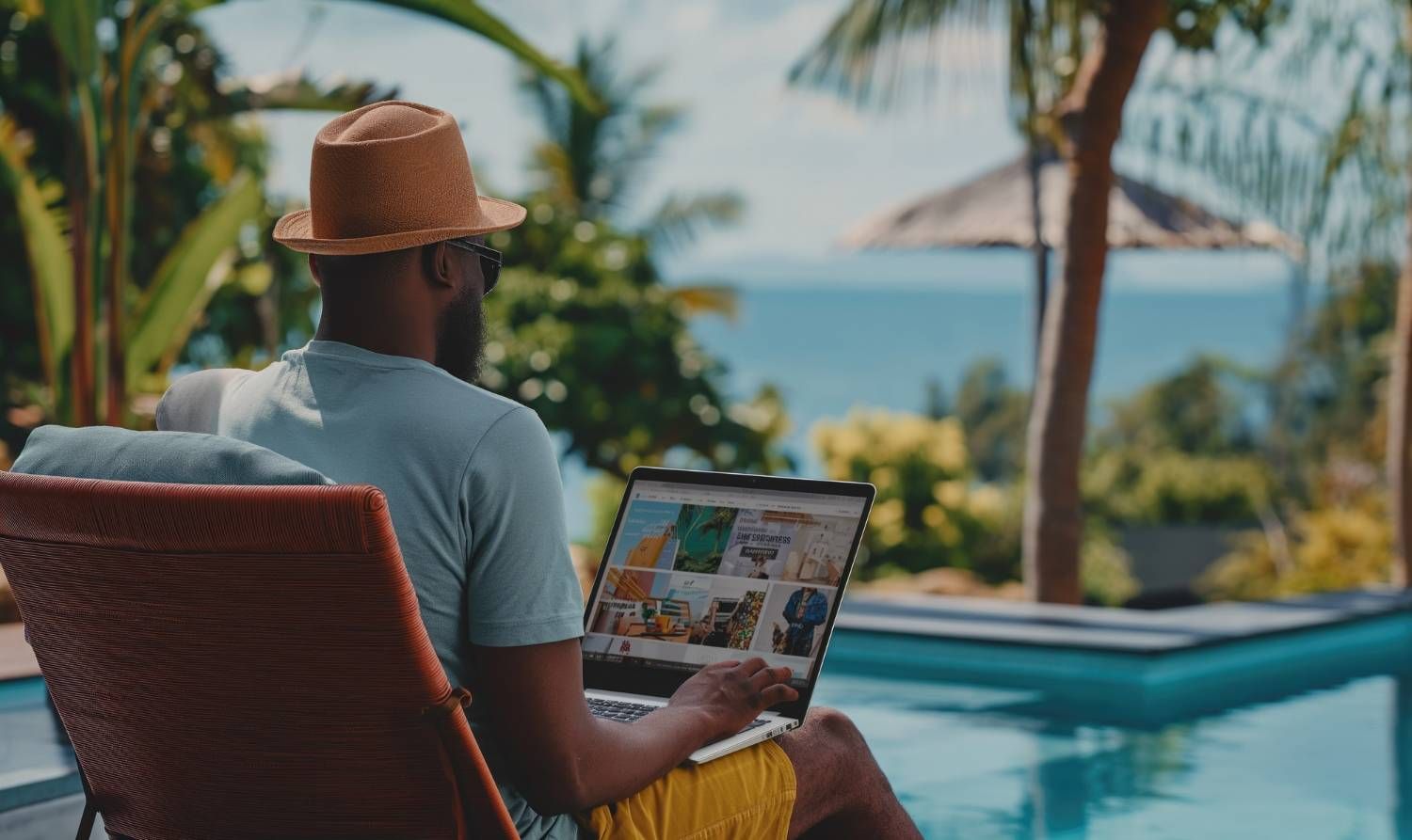 Man with laptop by pool, possibly planning offshore asset protection with trusts.