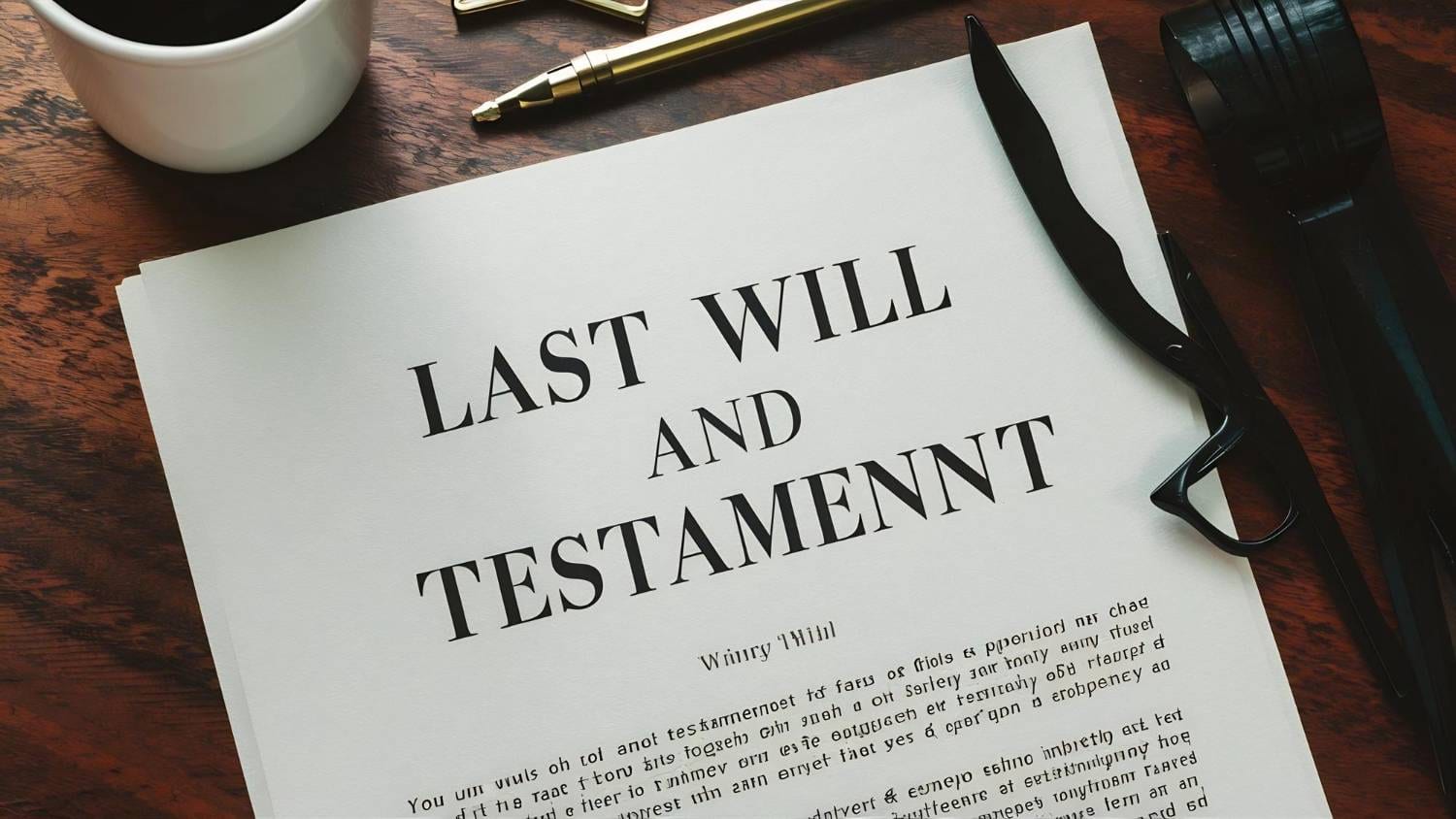 Last Will and Testament document on a wooden desk with pen and scissors. Estate planning concept.