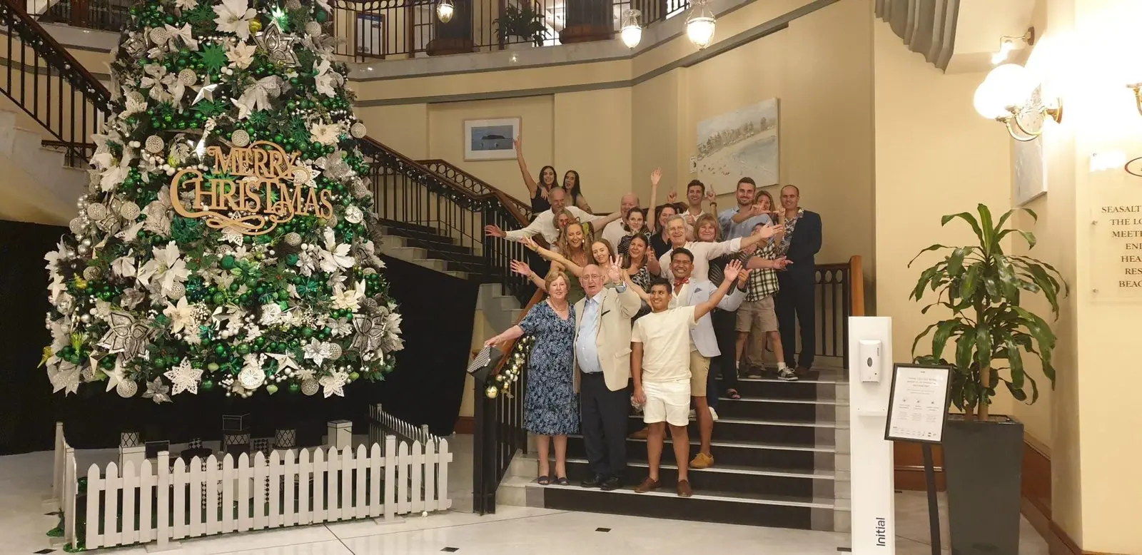 Large family group posing on staircase by a decorated Christmas tree. 