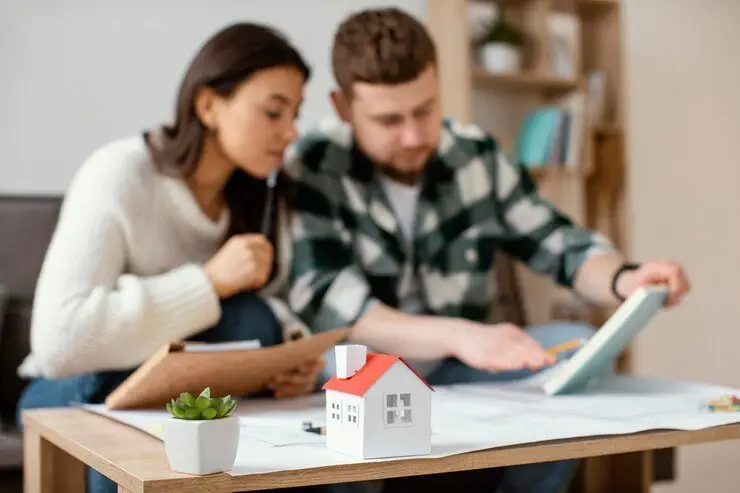 Couple reviewing estate documents, house model on table. NSW beneficiary rights.