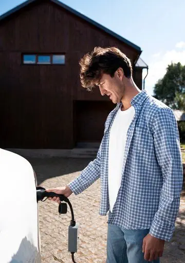 Man plugging in electric vehicle charger at home. NSW EV charging readiness.