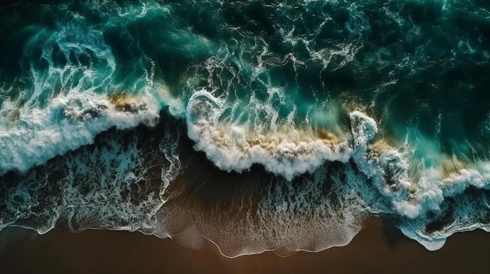 Aerial view of ocean waves crashing on a sandy beach