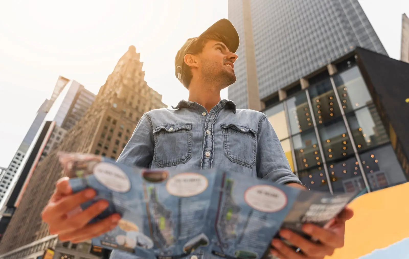 Man in NYC looking at a map, planning a trip.
